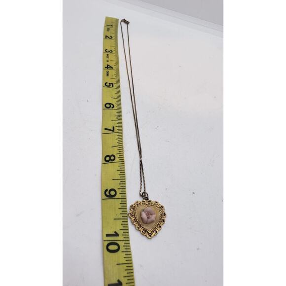 Vintage Heart Necklace Pink Porcelain Rose Gold Plated Filigree Artisan Handmade - Picture 9 of 12